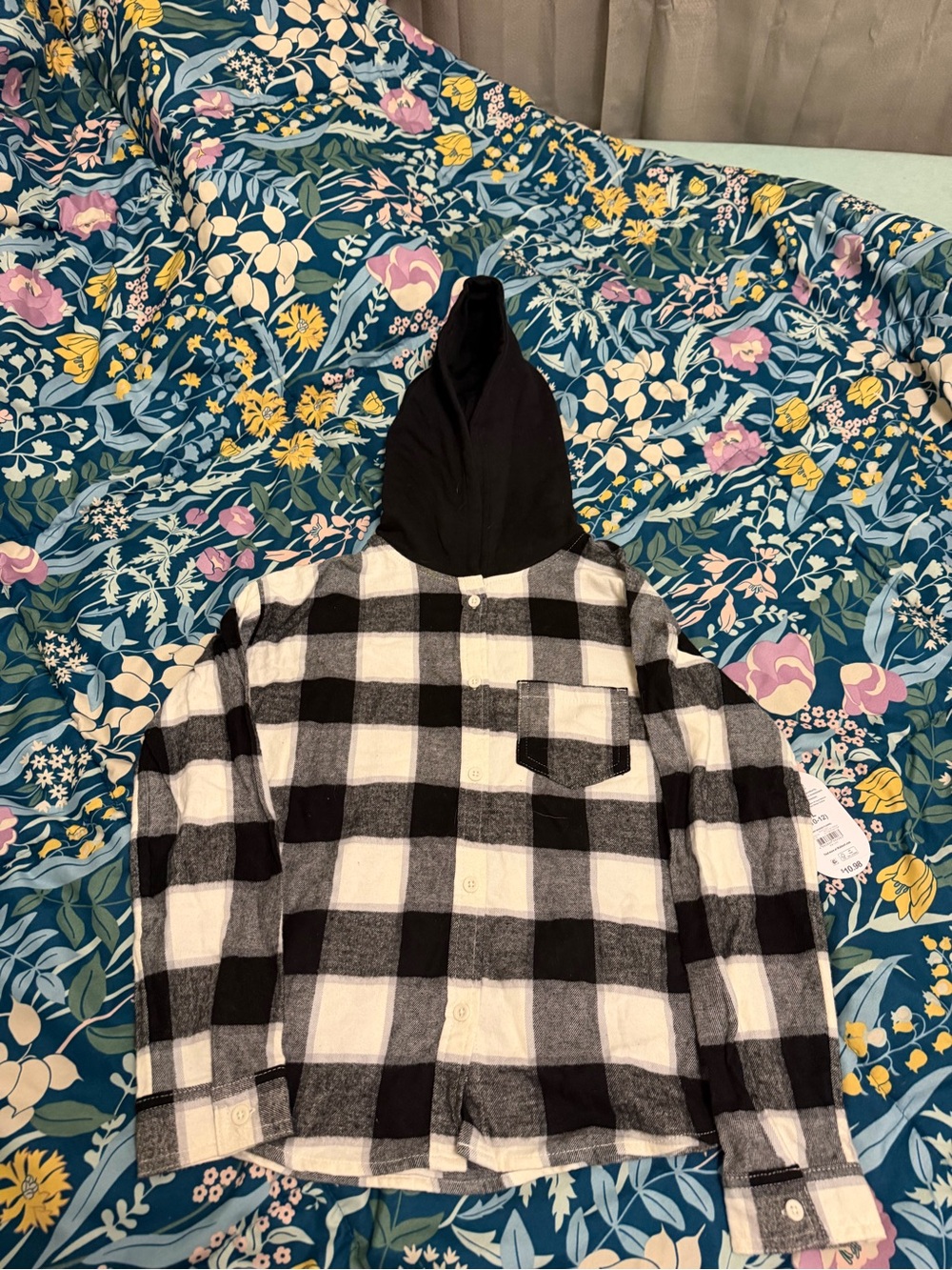 wonder nation Black & White Buffalo Plaid Button-Down Hoodie Shirt